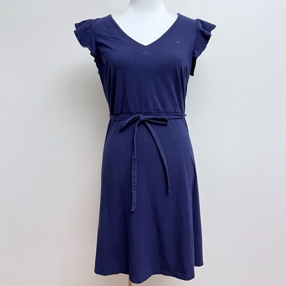 Tommy Hilfiger Navy Blue Flutter Sleeve Tie Waist A Line Casual Mini Dress Large - Picture 1 of 9